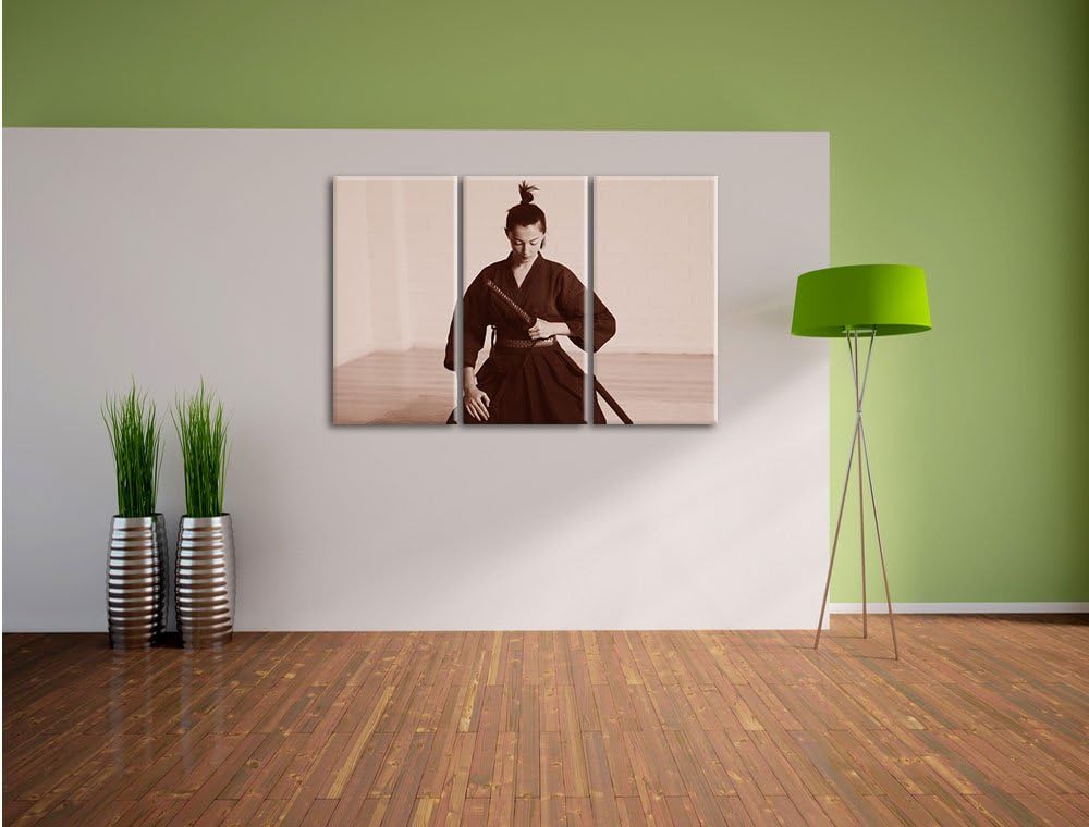 Pixxprint stolze Samurai-Kriegerin B&W Detail 3-Teiler Leinwandbild 120x80 Bild auf Leinwand