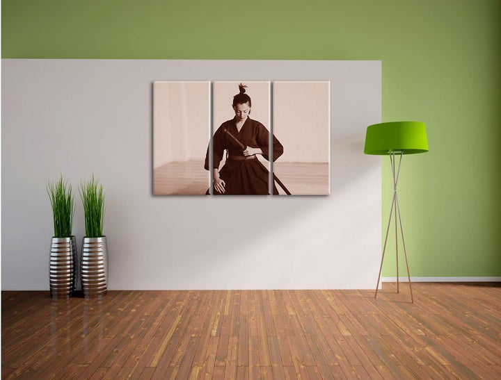 Pixxprint stolze Samurai-Kriegerin B&W Detail 3-Teiler Leinwandbild 120x80 Bild auf Leinwand