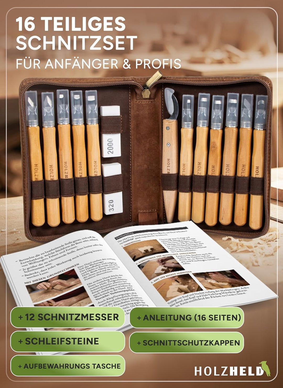 HOLZHELD Schnitzwerkzeug -Set (16-teilig) in hochwertig verarb. Ledertasche. Schnitzset mit hochwert