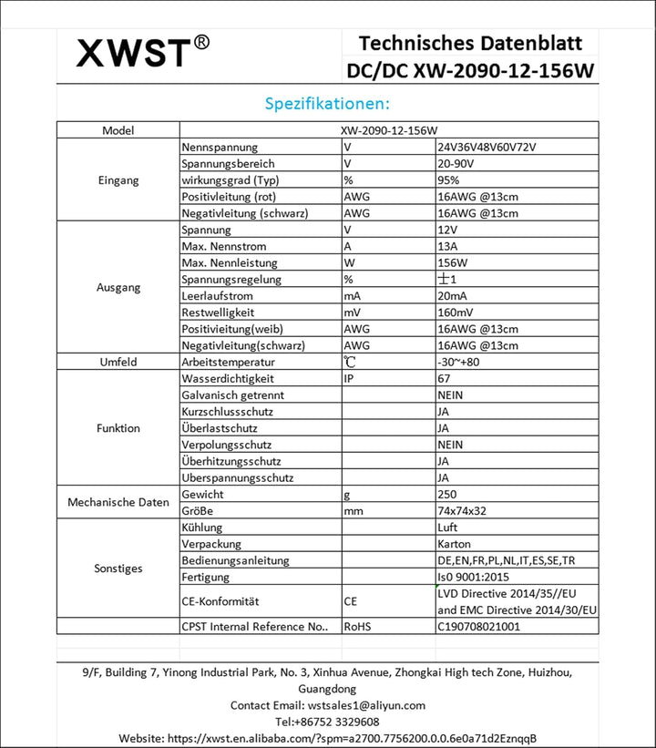 XWST DC DC 20-90V 24V36V48V60V72V auf 12V Buck Spannungswandler 13A 156W Wechselrichter Auto Netztei