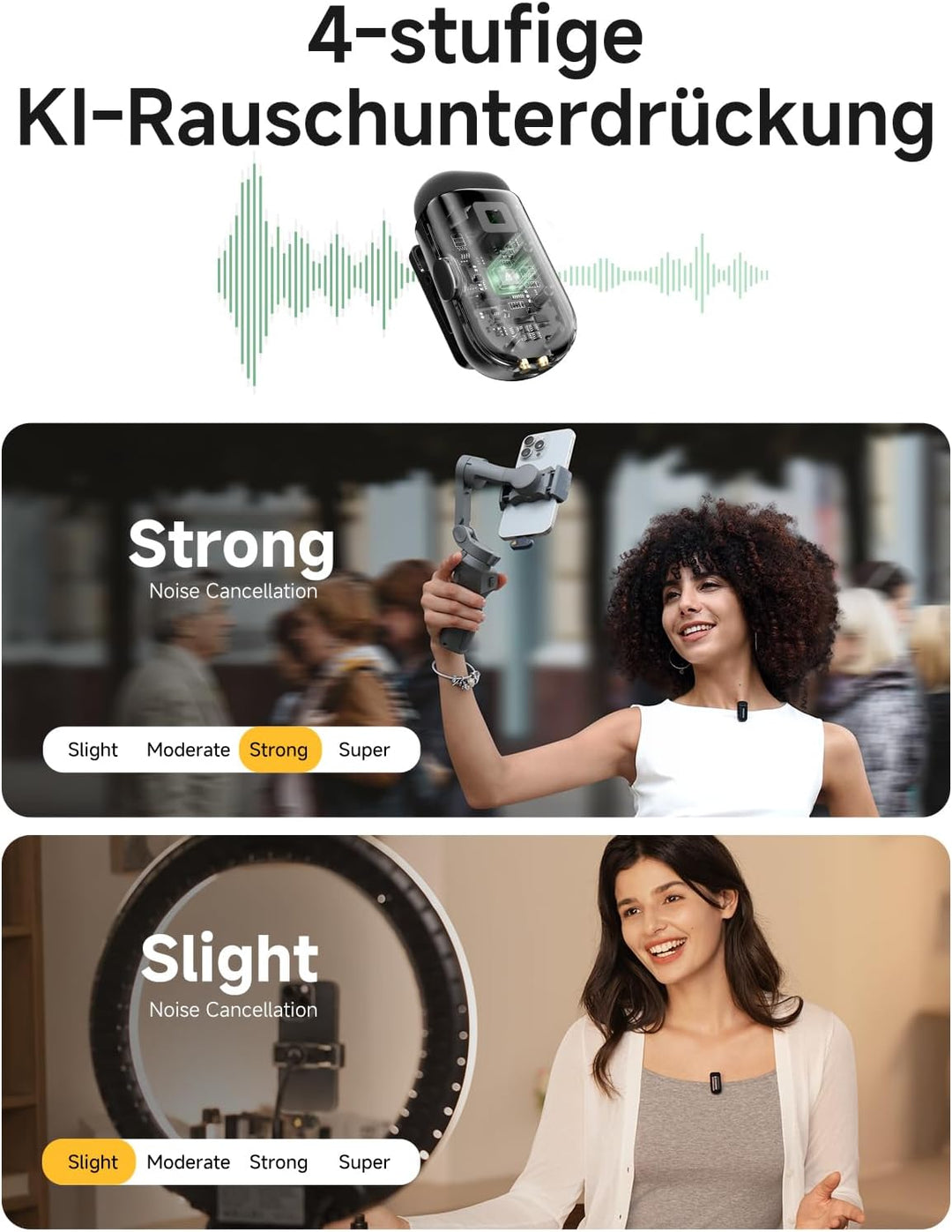 MAONO Kabelloses Mikrofon für Handy - Wireless-Lavalier-Mic für iPhone Android Handy, 4 Stufen Rausc