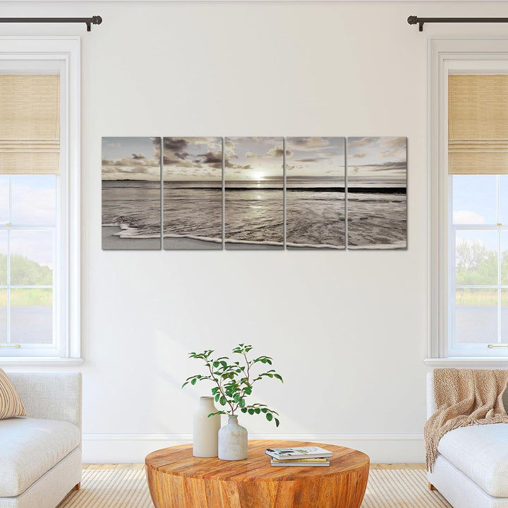Runa Art Wandbild XXL Sonnenuntergang Strand Schlafzimmer Wohnzimmer 200 x 80 cm Schwarz Weiss 5 Tei