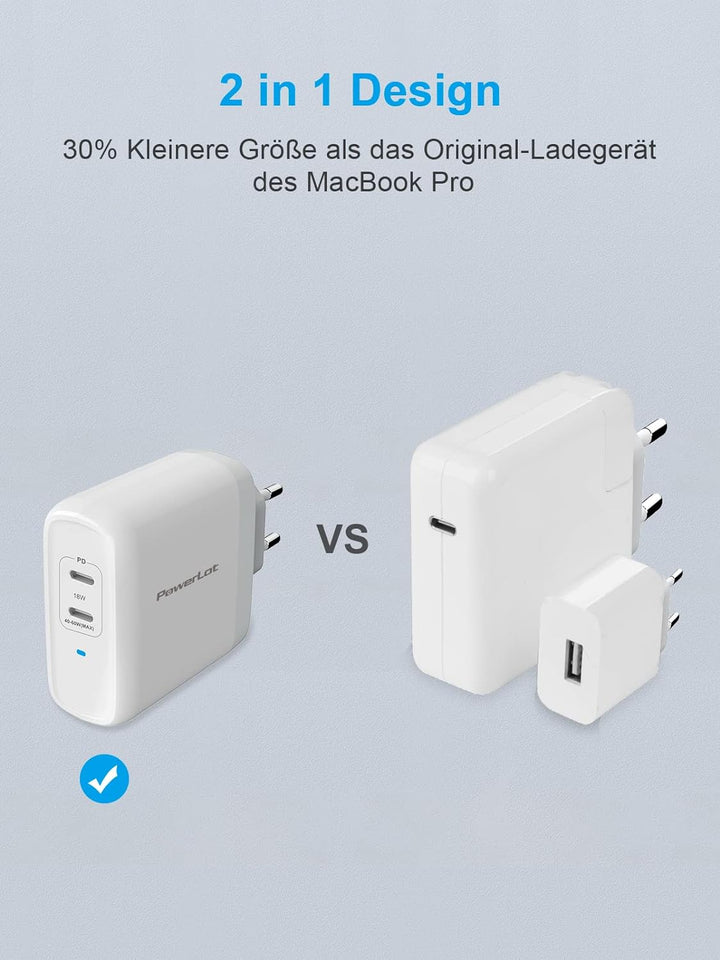 PowerLot 60W USB C Ladegerät, GaN 2-Port USB C Netzteil PD 3.0, Laptop Schnellladegerät für MacBook