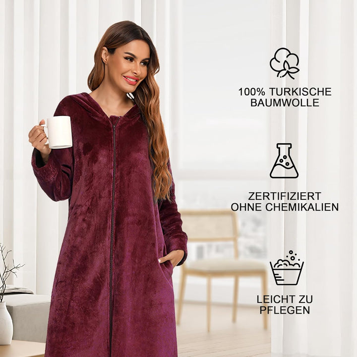 Bademantel Damen und Herren mit Reissverschluss und Kapuze langer Bademantel Fronttaschen Saunamante