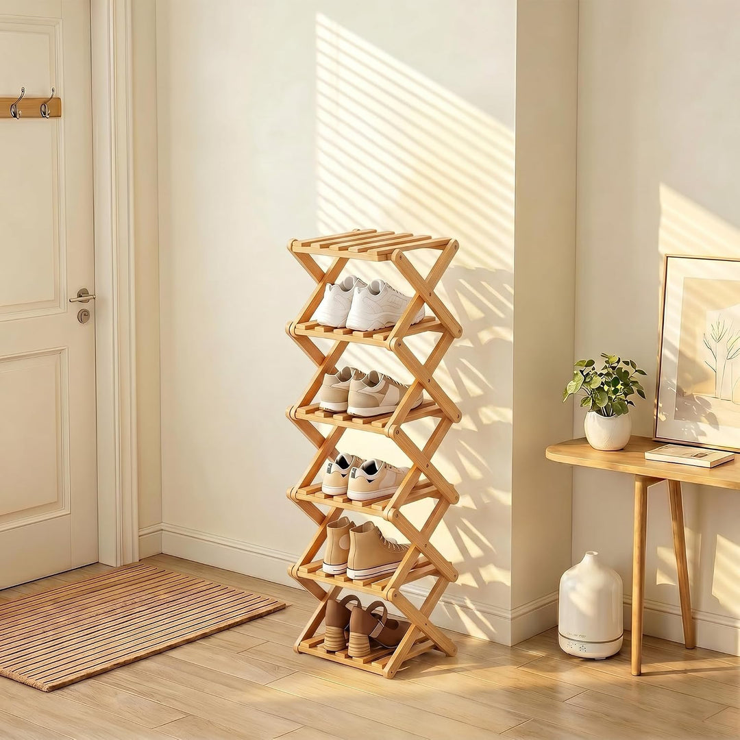 Faltbares Schuhregal Bambus Schmal Ohne Montage 26x26x88cm Natur | Integrierter Klappmechanismus, fe