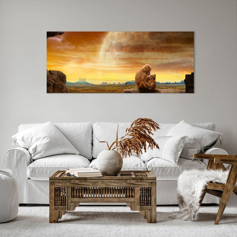 Wandbilder Dekoration Wohnzimmer Affen Mutter Natur Berg Panorama Bilder auf Leinwand 120x50cm Leinw