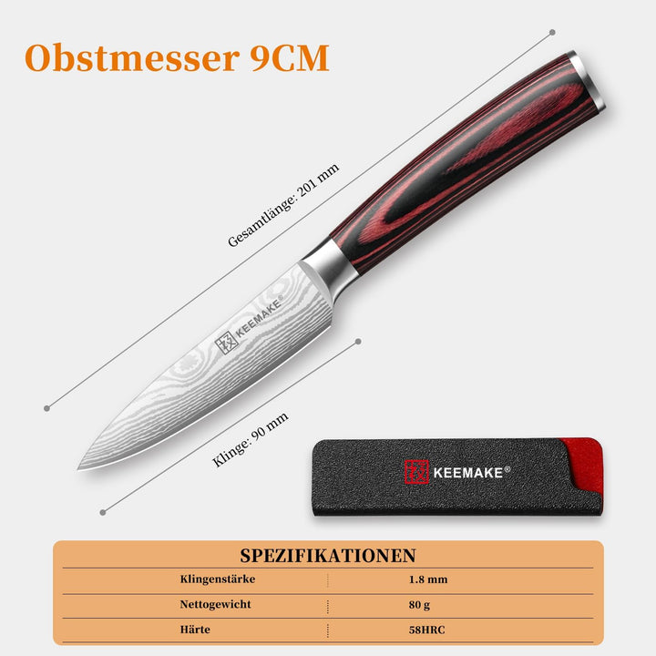 KEEMAKE Küchenmesser Klein Schälmesser, 9cm Profi Obstmesser und Gemüsemesser aus Edelstahl mit Klin