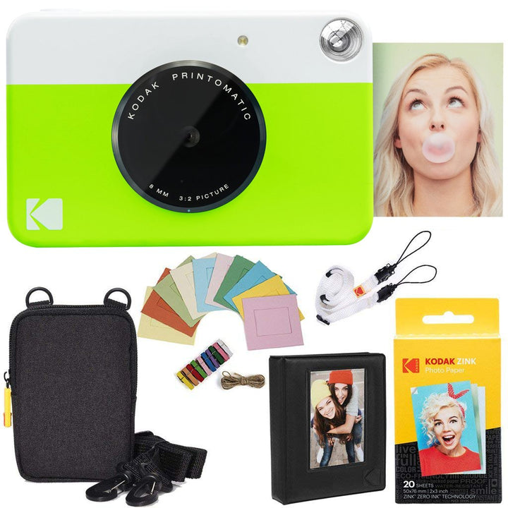Kodak Printomatic Sofortbildkamera (Grün) Paket + Zinkpapier (20 Blätter) Etui + Fotoalbum + Hängera