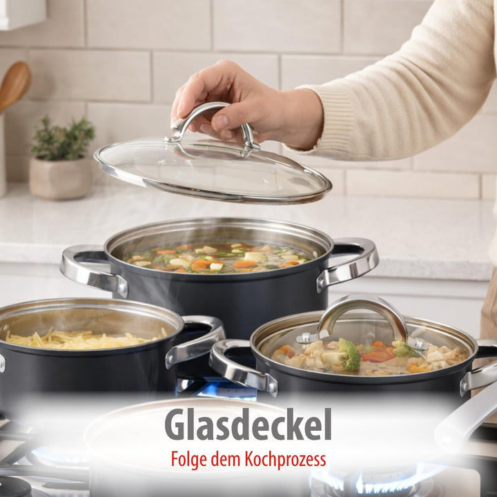 alpina Induktions-Topfset 4-teilig – Edelstahl Kochtöpfe mit Glasdeckel – Kochtopfset Geeignet für A