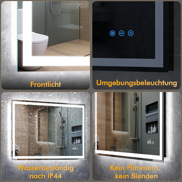 Grosser Badspiegel mit Beleuchtung und Antibeschlag, 100x60cm LED Spiegel mit Licht, 3 Farben Dimmba