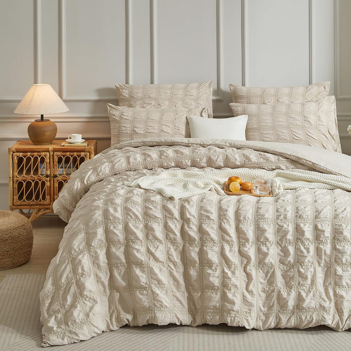 Luofanfei Beige Seersucker Bettwäsche 135x200 Sommer Kühlende Gestreiftes Karierte Uni Muster Sommer