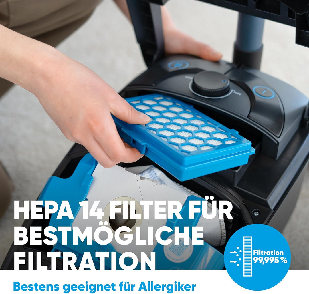 hoogo B3+ anthrazit Staubsauger mit Beutel | Starke 850 W Saugleistung | HEPA 14 Filter | 11m Radius