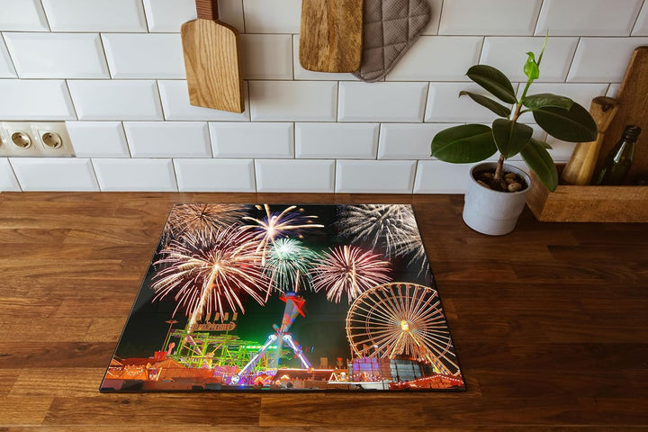 Silvester Riesenrad Feuerwerk Herdabdeckplatte & Spritzschutz aus Echtglas | Für Herd-Kochfelder | 6