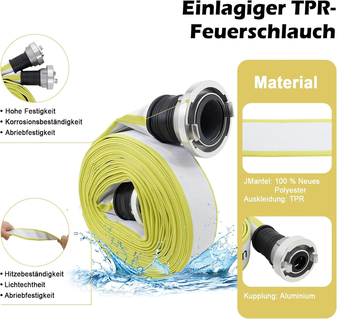 ZYfire Feuerwehrschlauch 25mm x 20m | 1 Zoll Feuerschlauch mit D-Storz Kupplung | flexibler Wassersc