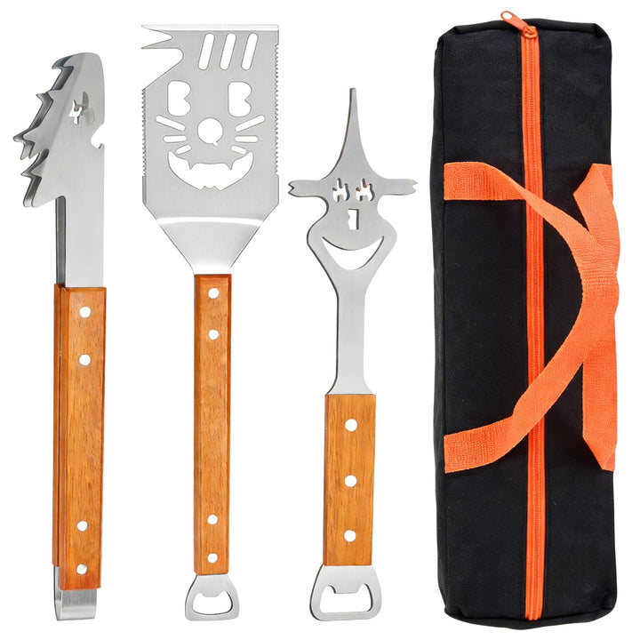 Grillbesteck-Set 3-TLG Aufhänge-Ösen, Grillzubehör mit Grillzange, Grillwender, Fleischgabel, Extra