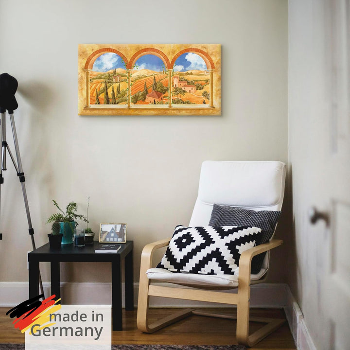 Artland Leinwandbild Wandbild Bild auf Leinwand 60x30 cm Wanddeko Fensterblick Fenster Toskana Lands