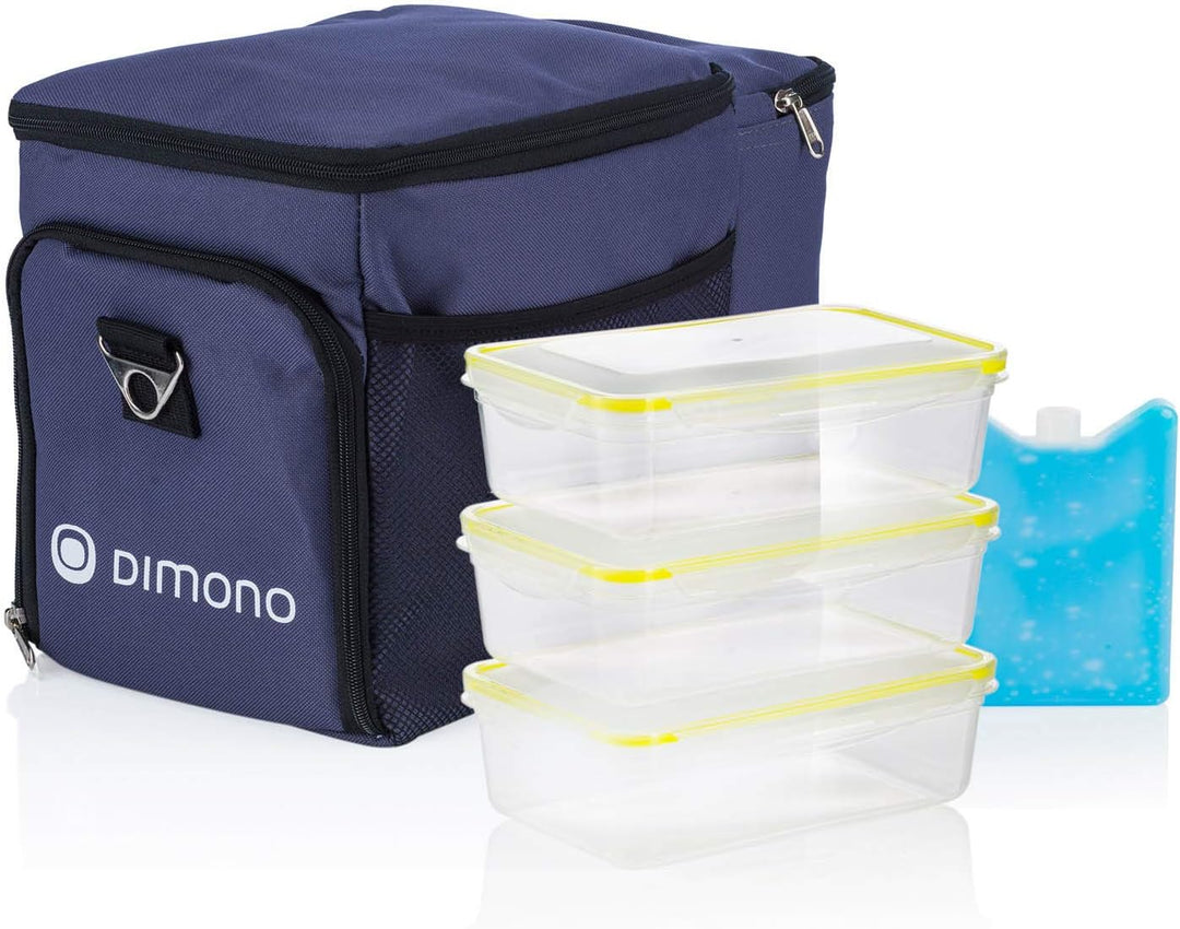 Dimono® Kühltasche 15L mit 3 Brotzeitdosen; Picknick-Tasche mit 3 Meal Prep Launchbox Dosen + Deckel