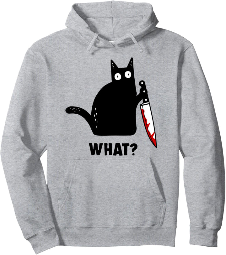 Cat What? Funny Black Cat Murderous Cat With Knife Pullover Hoodie