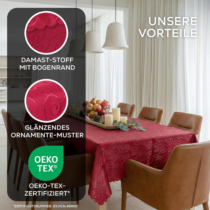 BEAUTEX Tischdecke Damast Ornamente - Bügelfreies Tischtuch - Fleckabweisende, Pflegeleichte Tischwä