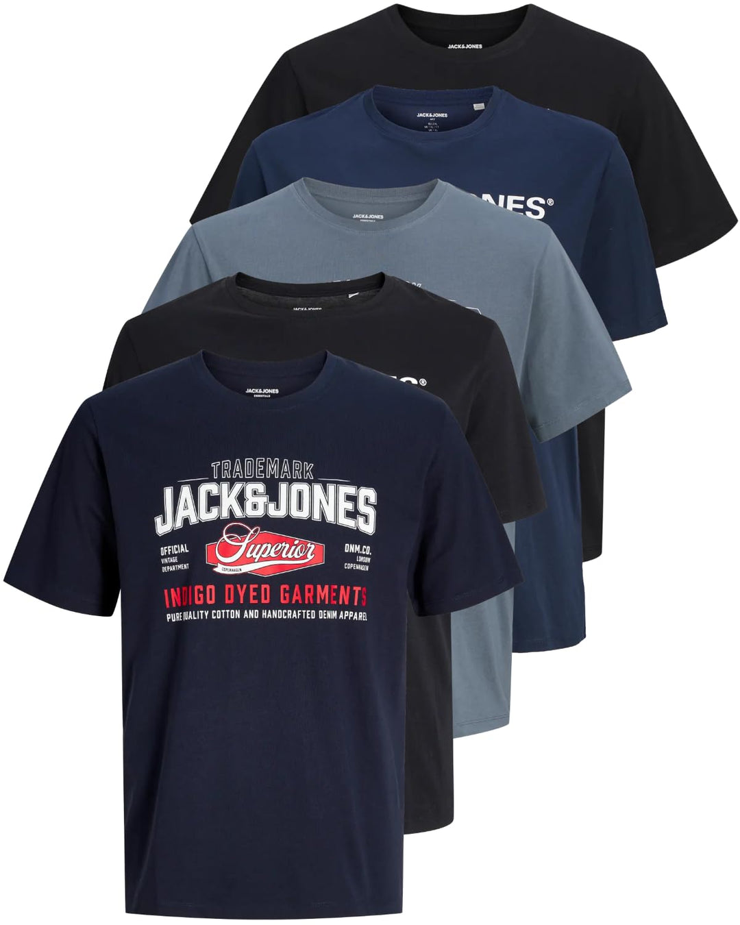 JACK &amp; JONES Herren 5er-Set T-Shirts in verschiedenen Styles, Prints und Farben aus Baumwolle 5XL Gr
