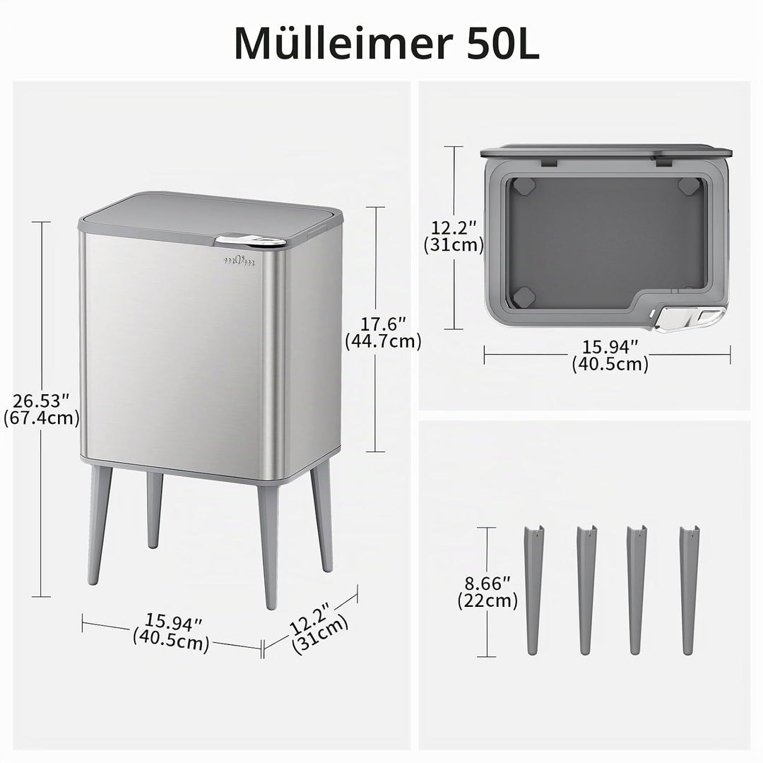 mVm Küchen &amp; Büromülleimer 50L, Edelstahl, Rechteckig, Mit Deckel &amp; Geruchsfilter, Sanftschliessend