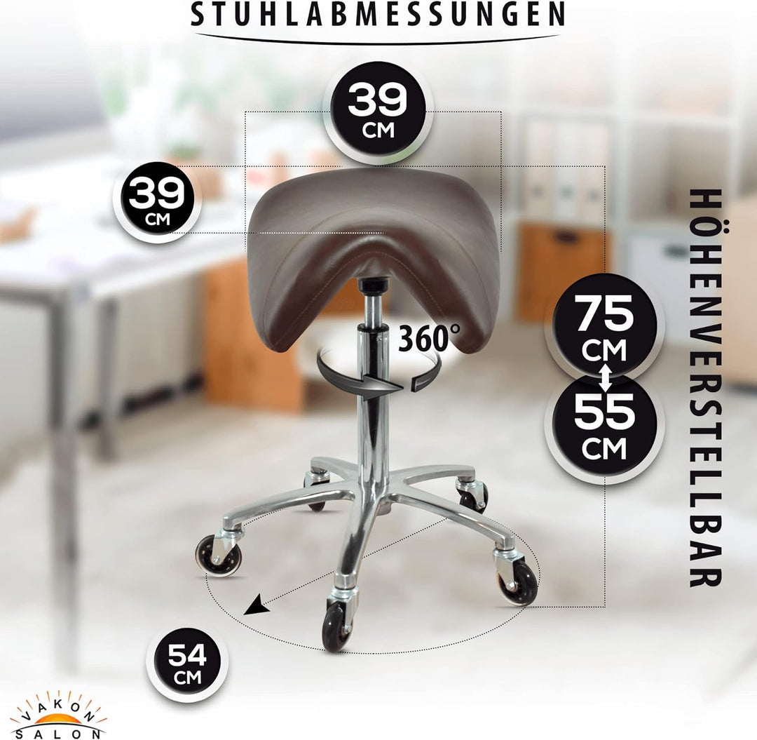Premium Sattelhocker Braun, Sattelstuhl für Rückenentlastung, Rollhocker höhenverstellbar von 55-75