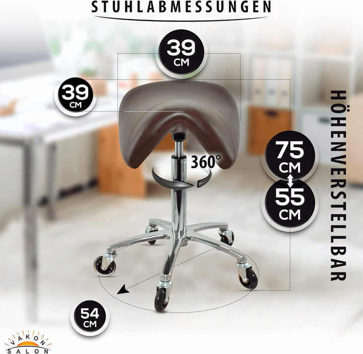 Premium Sattelhocker Braun, Sattelstuhl für Rückenentlastung, Rollhocker höhenverstellbar von 55-75