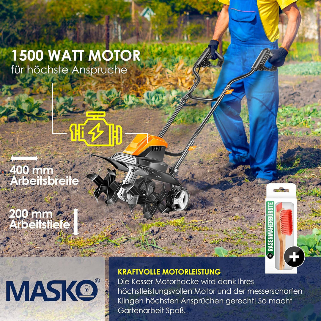 MASKO® elektrische Motorhacke 1500 Watt | 45cm Arbeitsbreite 20cm Arbeitstiefe | Bodenhacke | Ackerf