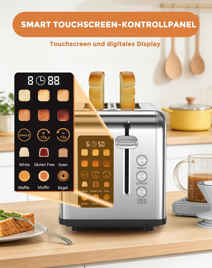 Toaster 2 Scheiben, LED-Touchscreen, Edelstahl Langschlitztoaster, 6 Bräunungsstufen, 6 Brotprogramm