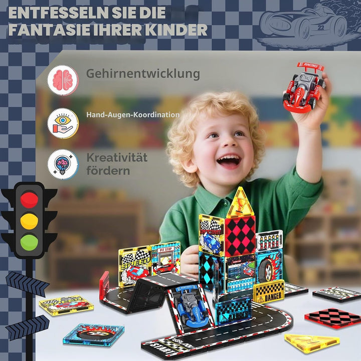 Magneverse Magnetische Bausteine Rennbahn Set mit 2 Autos – 34PCS Magnetbausteine Autorennen Spielze