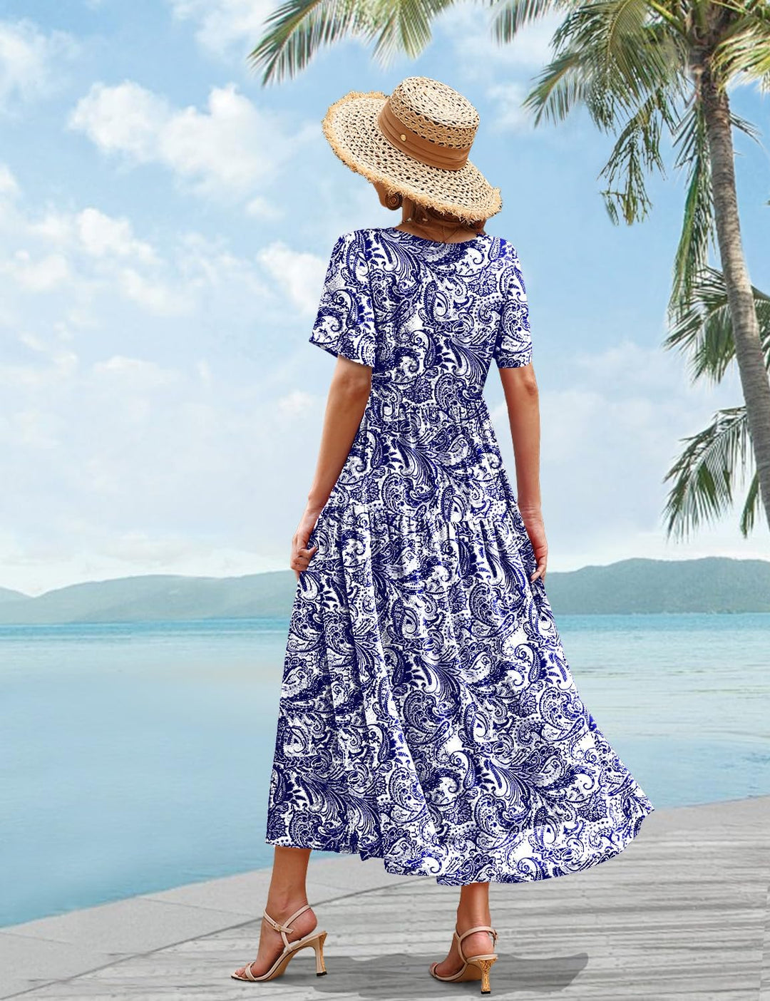 YESNO Damen Kleider Freizeit Lose Sommerkleid Lang Boho Maxikleid für Rundhals Strandkleid Blumenkle