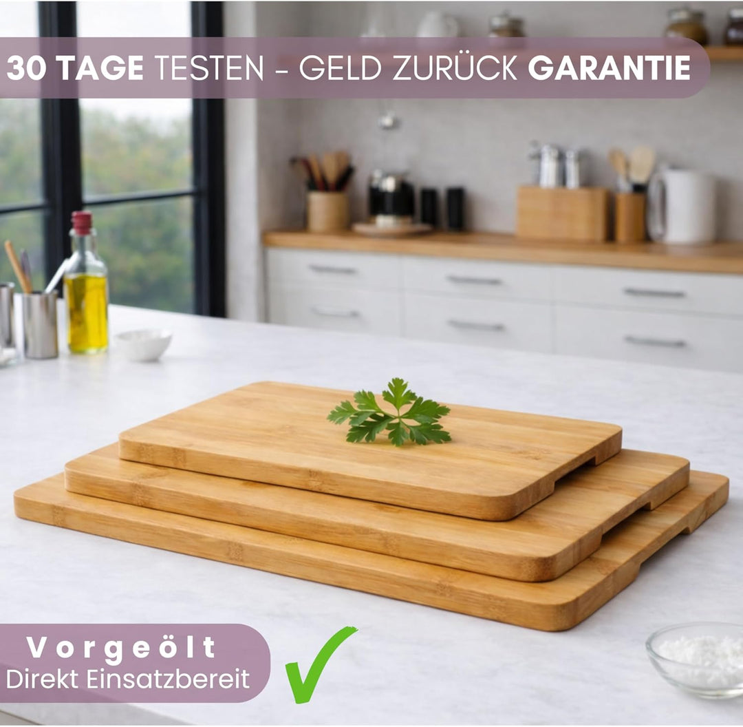 Bambus Schneidebrett aus Holz - 3er Set- Natürlich- ohne Lack | Antibakteriell | 38x25 / 30x20/ 22x1
