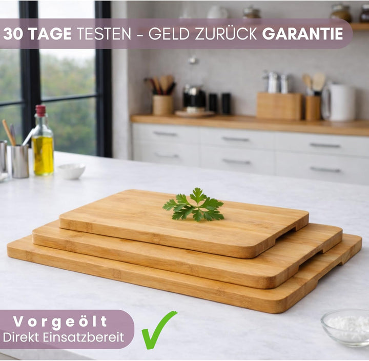 Bambus Schneidebrett aus Holz - 3er Set- Natürlich- ohne Lack | Antibakteriell | 38x25 / 30x20/ 22x1