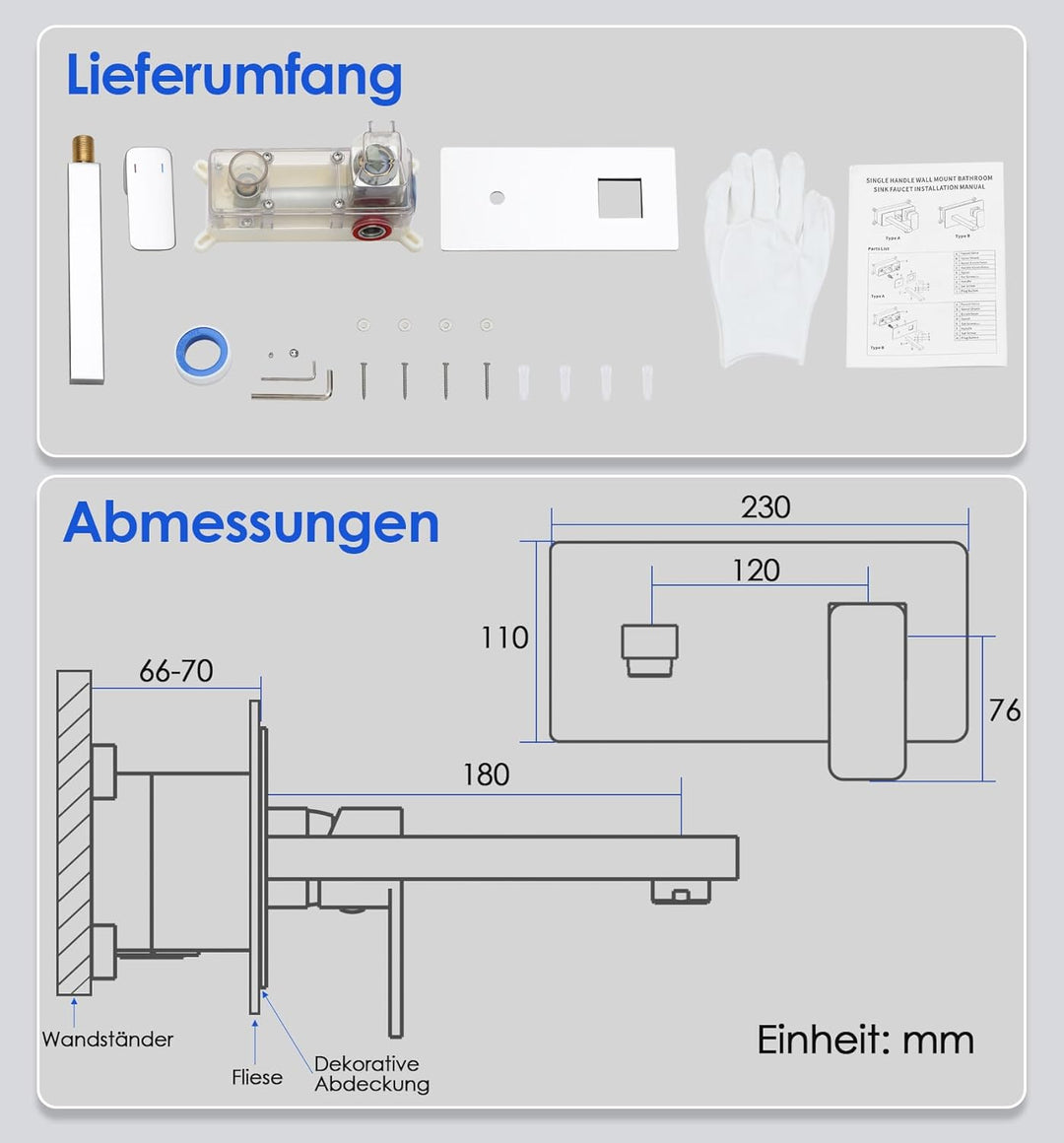ROVOGO Wandmontage Waschtischarmatur Unterputz mit Schutzkappe, Edelstahl 304 Wasserhahn Bad Einhebe