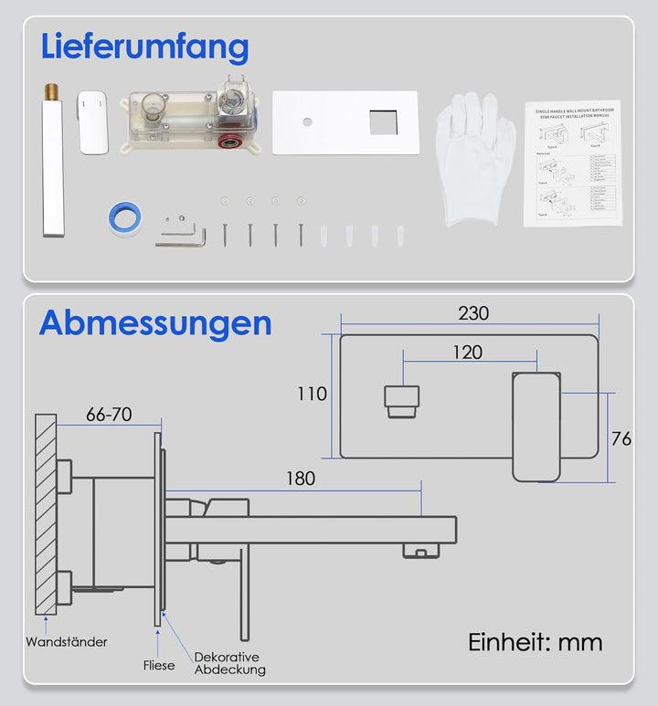ROVOGO Wandmontage Waschtischarmatur Unterputz mit Schutzkappe, Edelstahl 304 Wasserhahn Bad Einhebe