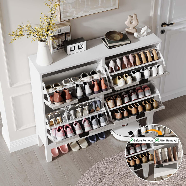 Schuhschrank Schmal, Schuhregal Mit 4 Klappen, Schuhkipper Mit Trennwände Verstellbar Und Abnehmbar,