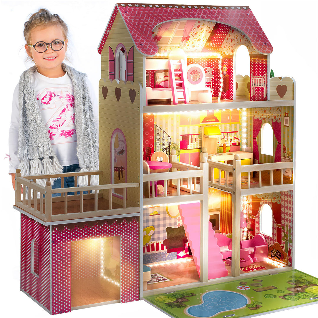 Kinderplay Puppenhaus Holz Gross, Puppenvilla, Puppenhaus Holz Gross komplett - Barbie Traumvilla, B
