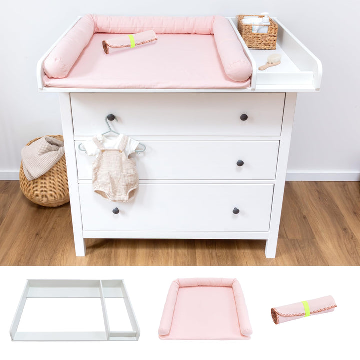 Wickelaufsatz Set für IKEA HEMNES – mit Aufsatz, Wickelauflage & Umrandung aus 100% Baumwolle (Blush
