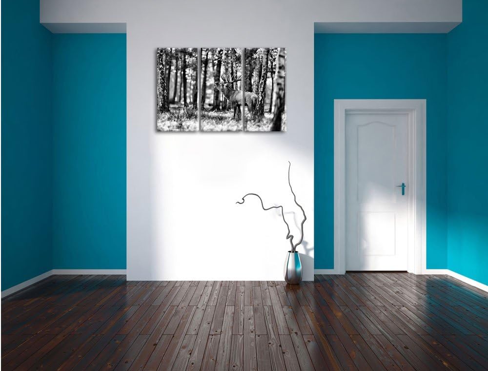 Pixxprint Hirsch im Wald als Leinwandbild | Grösse: 3 Teilig (120x80) | Wandbild| Kunstdruck | ferti