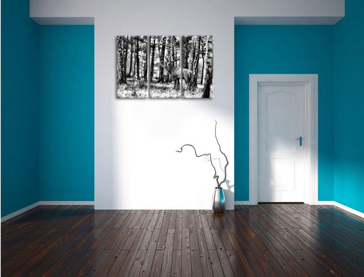 Pixxprint Hirsch im Wald als Leinwandbild | Grösse: 3 Teilig (120x80) | Wandbild| Kunstdruck | ferti