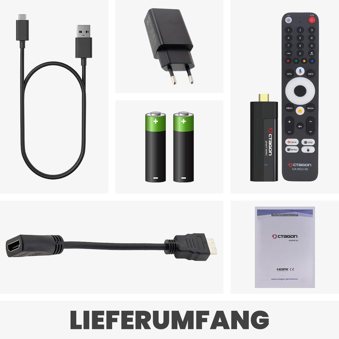 [ Test SEHR GUT, Note 1.1 *] OCTAGON Spirit Nano 4K UHD Android TV Stick + DVBSHOP HDMI Adapter, für