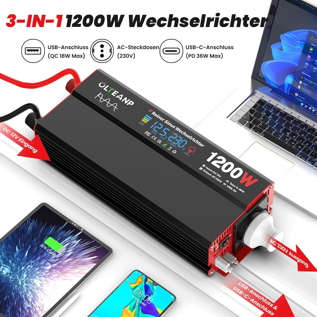 OLTEANP Wechselrichter 12V auf 230V Reiner Sinus,Spannungswandler 1200W Inverter mit LCD-Bildschirma