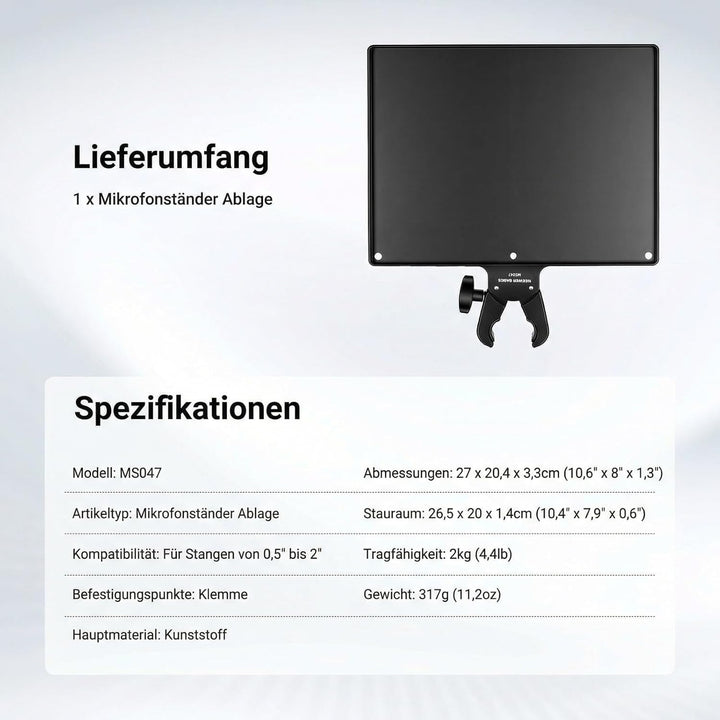 NEEWER BASICS Microphone Stand Ablage, 27 x 20,4 x 3,3cm Klemmbare Tisch Mikrofonständer Tray für St