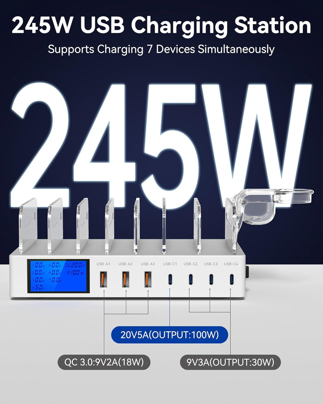 Ladestation Mehrere Geräte, 245W 7-Port-Handy Ladestation mit LCD-Anzeige, 100W PD USB C Schnelllade