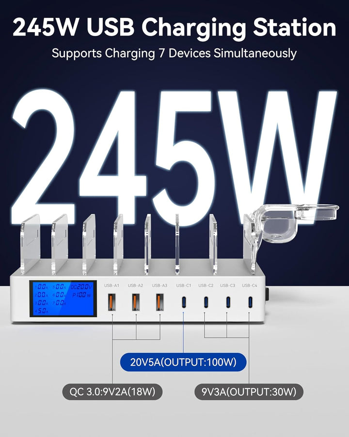 Ladestation Mehrere Geräte, 245W 7-Port-Handy Ladestation mit LCD-Anzeige, 100W PD USB C Schnelllade