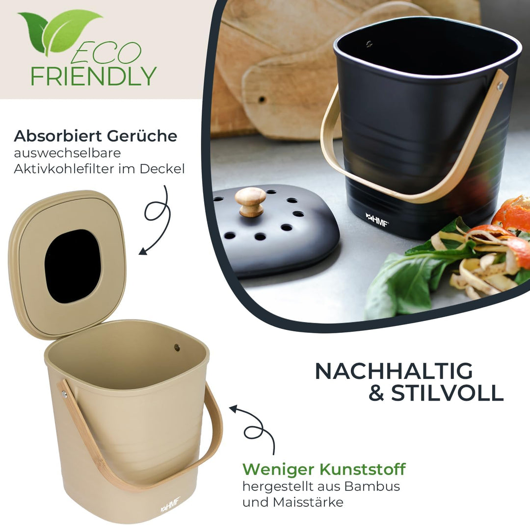 HMF Nachhaltiger Biomülleimer Küche, Geruchsdichter Komposteimer mit Deckel | 3 Liter | Beige Beige