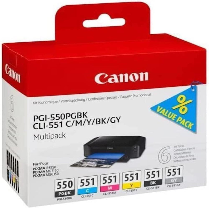 Canon PGI-550 / CLI-551 PGBK/C/M/Y/BK/GY Druckertinte - Multipack mit 6 Tinten für PIXMA Tintenstrah