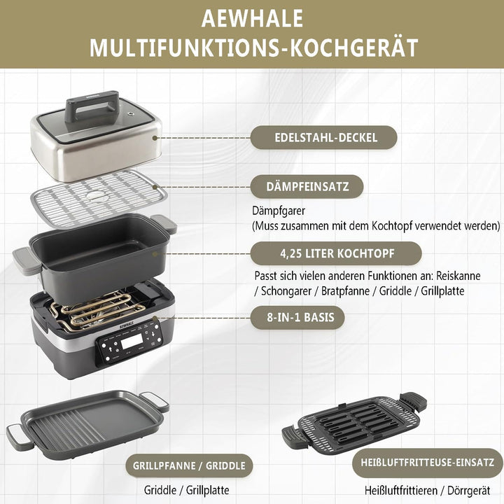 AEWHALE 8-in-1 Multikocher mit Air Fryer 4.25L, Reiskocher, Slow Cooker, Dampfgarer& Warmhaltefunkti