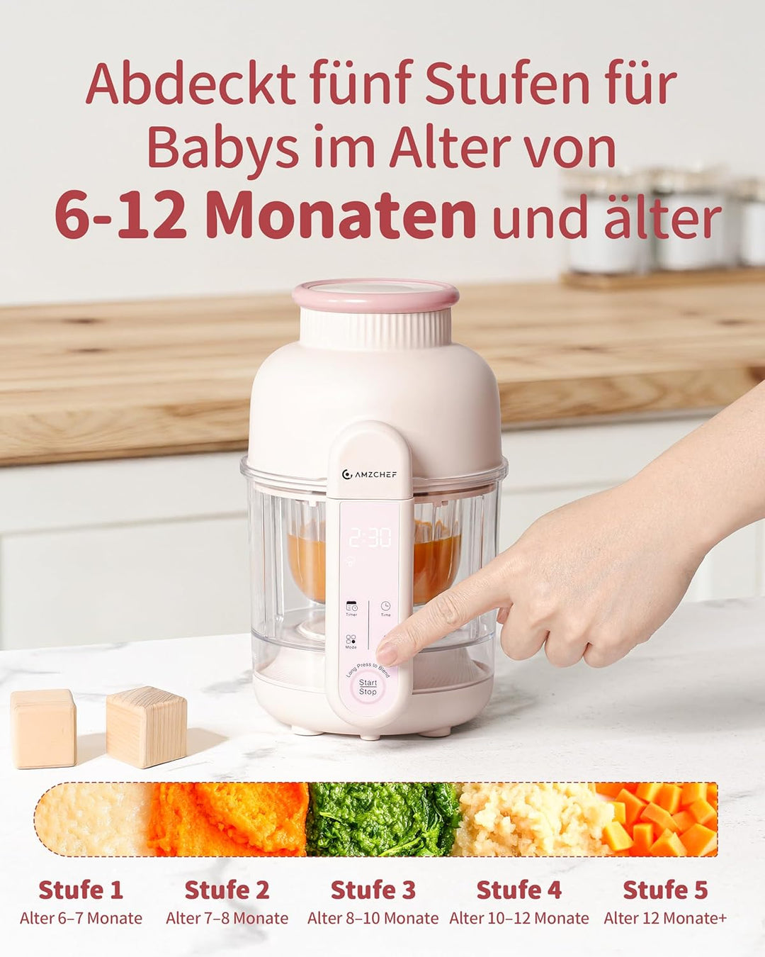 AMZCHEF Babynahrungszubereiter mit Dampfkorb – 6-in-1 Automatisches Kochen & Mixer mit Altersauswahl
