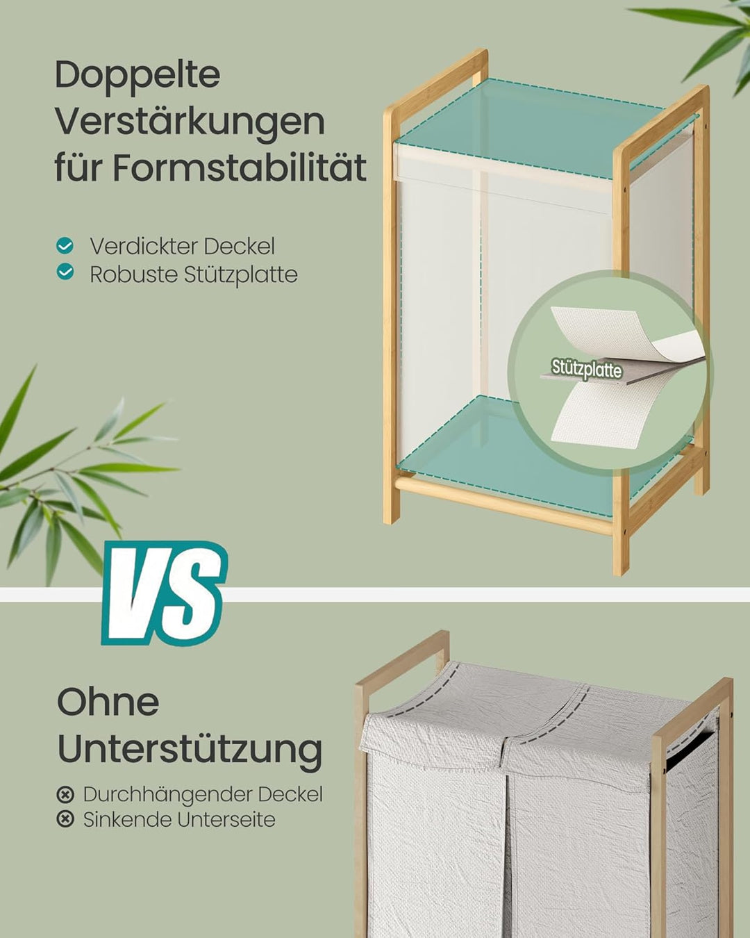 SONGMICS Wäschekorb 2 Fächer, Wäschesammler mit Bambusrahmen, verstärkter und abnehmbarer Deckel, Wä